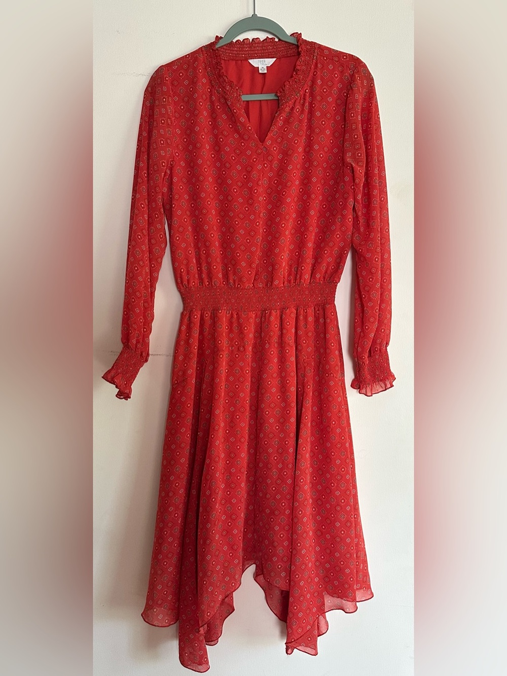 Time and Tru Red Long-Sleeve High-Low Midi Dress